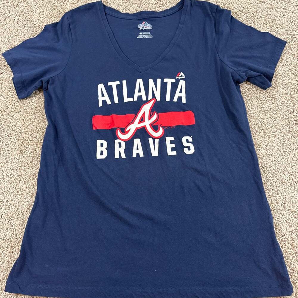 Atlanta Braves Majestic Womens XXL V Neck Shirt MLB Baseball‎ Navy Tee EUC